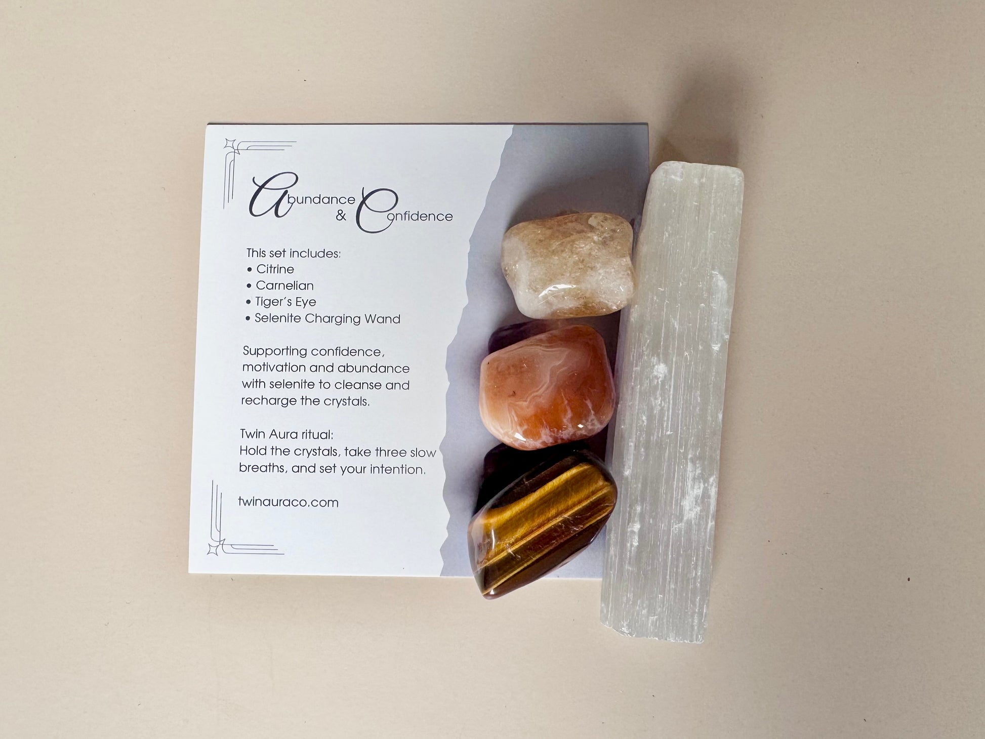 Crystal gift set with Citrine, Carnelian and Tiger's eye. With Selenite wand. Brown Velvet crystal bag and ritual card. 